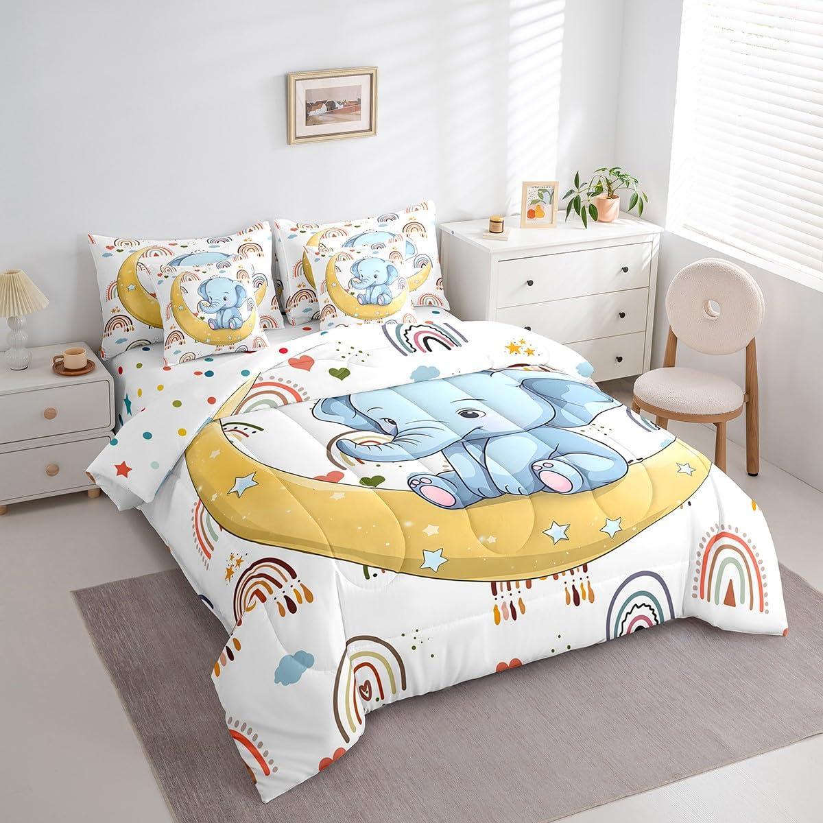 Feelyou Feelyou Cartoon Elephant 7 Piece Bedding Set Queen Size Star Moon Comforter Set with Sheets for Boys Girls Rainbow Bed in a Bag Women Men Cute Animal Bed Set
