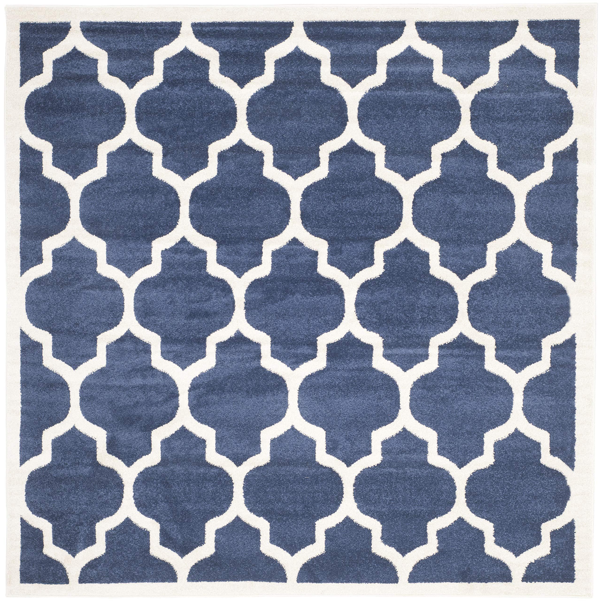 Safavieh SAFAVIEH Amherst Collection 7' Square Navy / Beige AMT420P Moroccan Trellis Non-Shedding Living Room Bedroom Dining Home Office Area Rug
