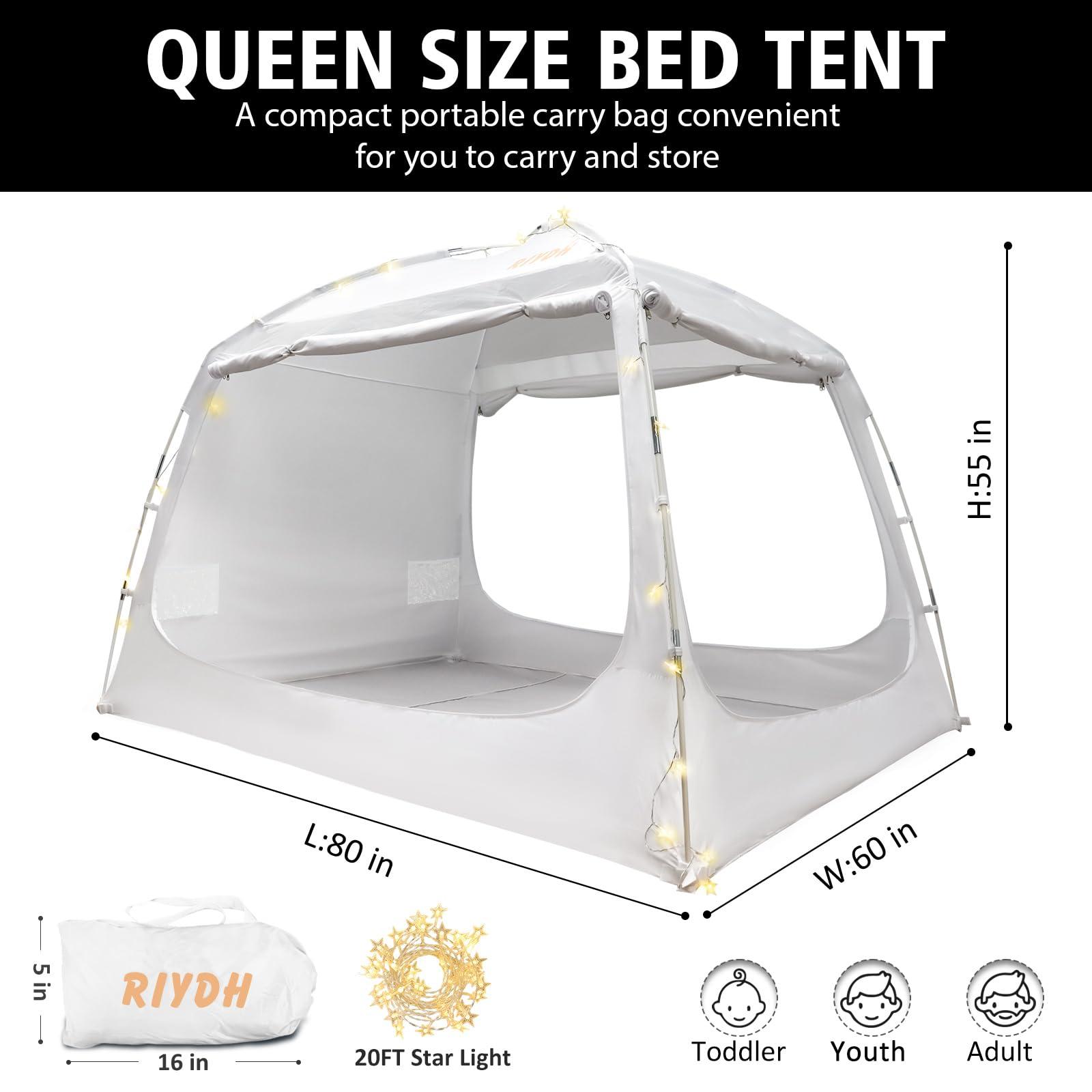 RIYDH RIYDH Bed Tent Bed Canopy Queen Size for Adult and Kids - Portable Sleeping Tents Indoor Dream Tents 70% Blackout with String Light 3 Doors Breathable Privacy Space Tents