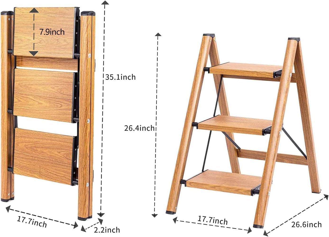 Soladder SOLADDER 3 Step Ladder, Folding Step Stool with Anti-Slip Wide Sturdy Pedal and Handgrip, Multi-Use for Home and Kitchen Use, Space Saving-Woodgrain(300 lbs Capacity)