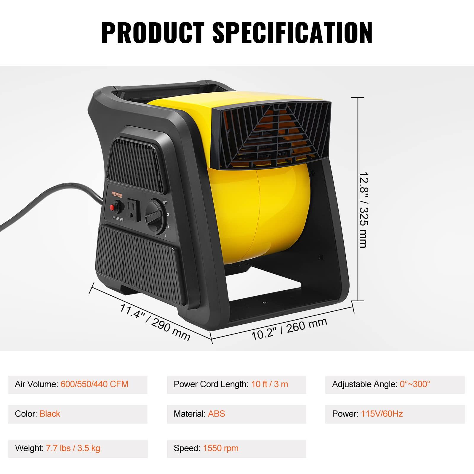 VEVOR VEVOR Pivoting Utility Fan, 600 CFM High Velocity Floor Blower for Drying, Cooling, Ventilating, Exhausting, 300 Blowing Angle Air Mover, Portable Carpet Dryer Fan for Home, Work Shop