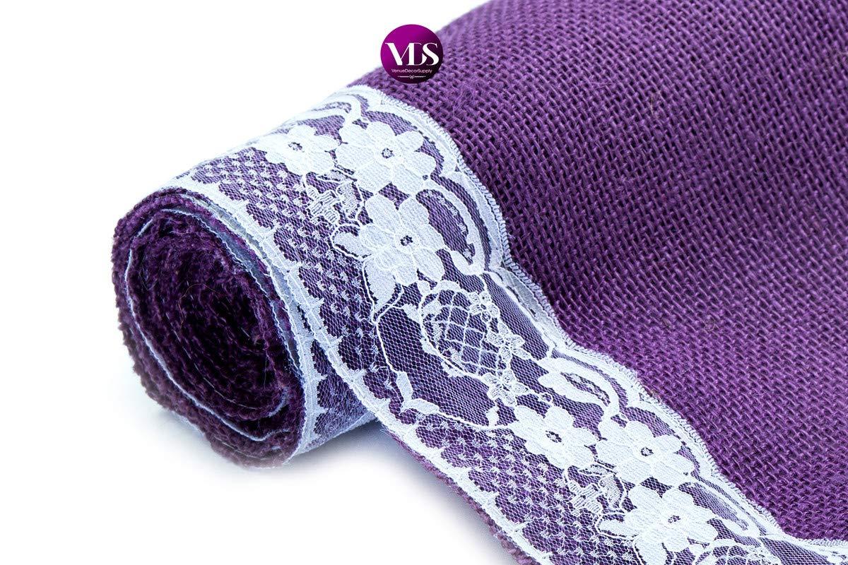 VDS VDS Pack of 20, Burlap Table Runner with White Lace Edge, 100% Natural Jute Rustic Hessian Table Cloth Centerpiece for Wedding Birthday Party Banquet Table Decoration (Size 12X108 Inch)(Lavender)