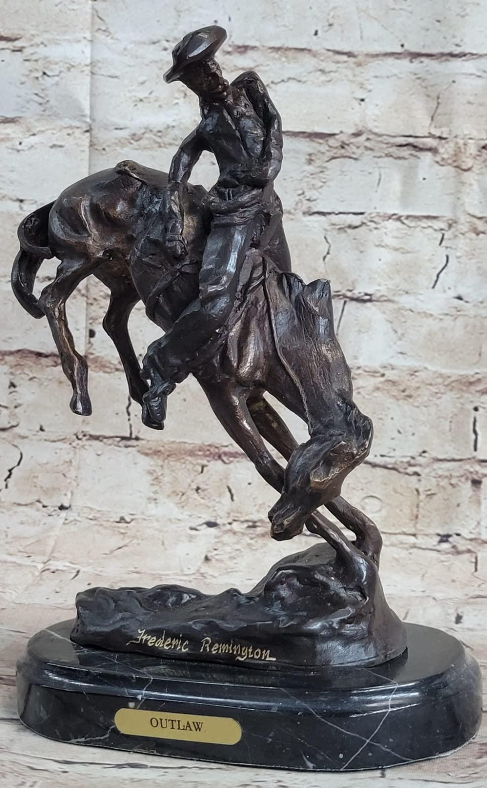 EUROPEAN BRONZE Frederic Remington Cowboy on Horse Rodeo Old West Western Art Bronze Sculpture Artwork Deal Gift by Think Bronze