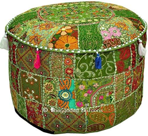Sophia-Art Sophia-Art Indian Embroidered Patchwork Cover Indian Decorative Pouf Indian Comfortable Floor Cotton Cushion Ottoman Pouf,Indian Designs Ethnic Patchwork Pouf (Light Green, 18\"x13\")