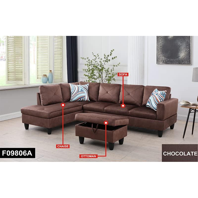 Ocstta Ocstta Microfiber Fabric Sectional Couch Set, Fabric L Shaped Couches for Living Room,Sectional Sofa Set with Storage Ottoman Apply to Apartment and Home (Sectional Couch+Ottoman) Brown