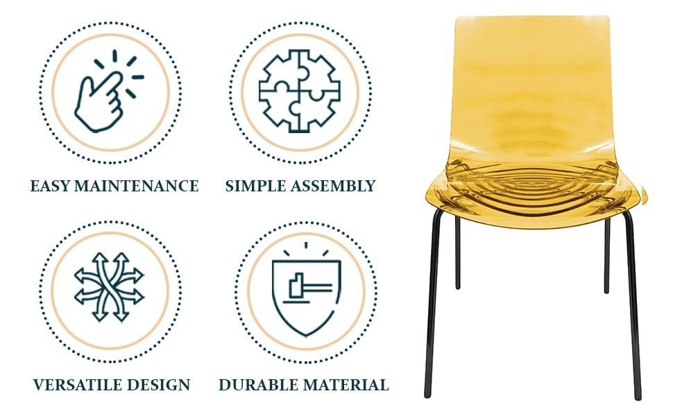LeisureMod LeisureMod Astor Water Ripple Design Modern Lucite Dining Side Chair with Metal Legs, Transparent Orange