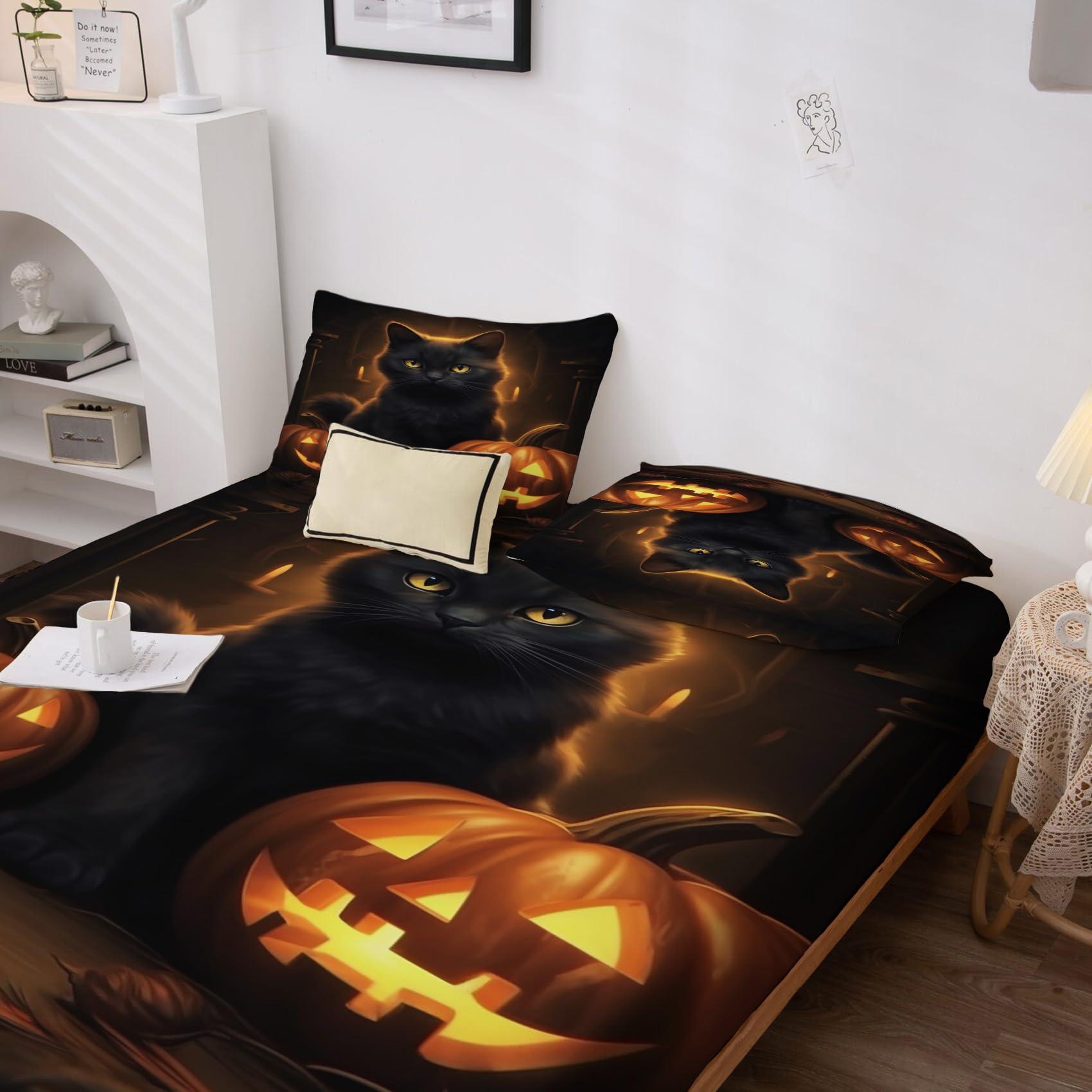 GEDAEUBA Halloween Sheets Twin XL Sheet Sets - Black Cat Pumpkin Lantern Bed Sheets for Kids Boys Girls, Halloween Theme Sheet Set with Deep Pocket Fitted Sheet, Soft Microfiber Wrinkle Free Bedding Set