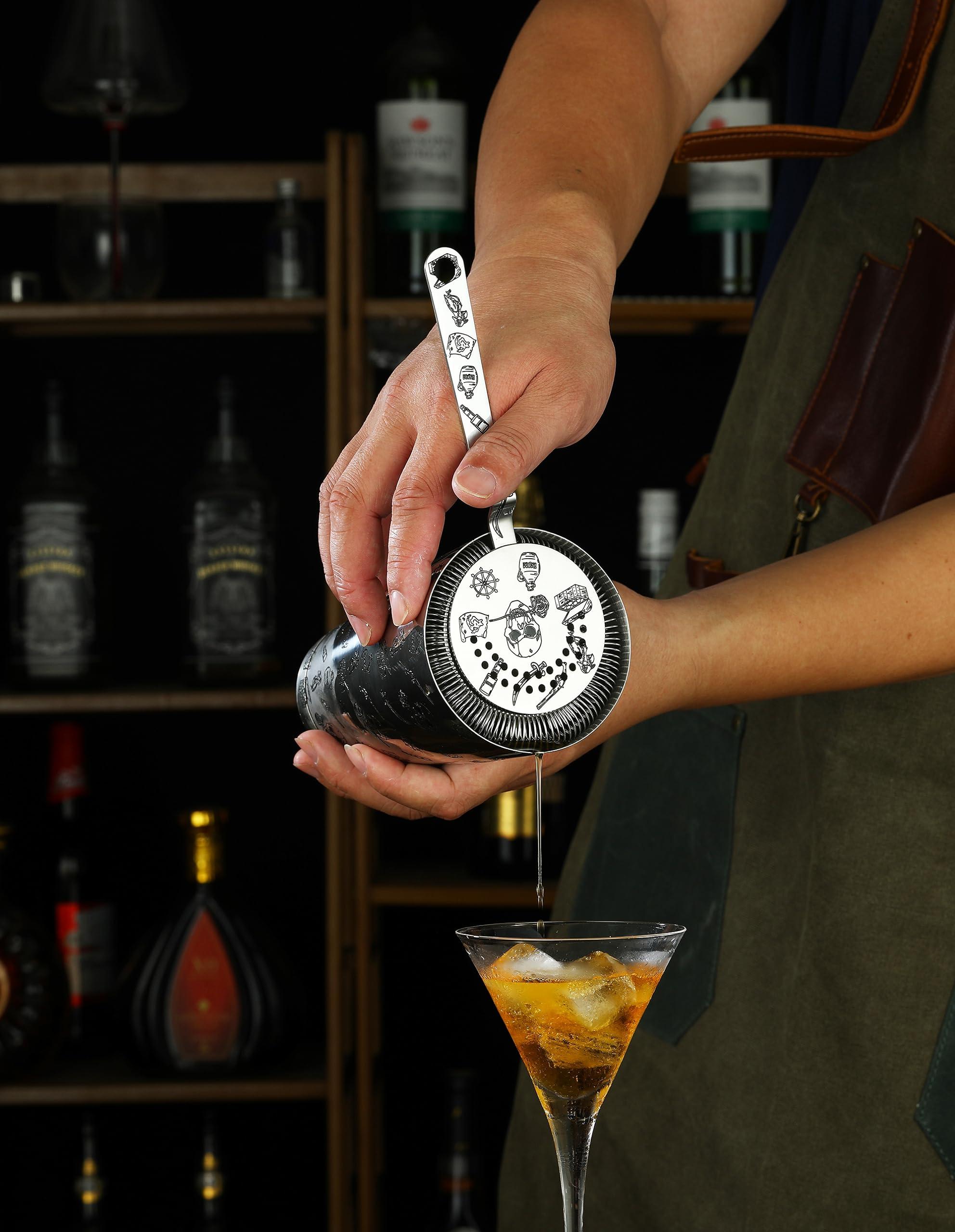 Cocktail Geek Cocktail Shaker Set - 5-Piece Bar Accessories Kit w/Weighted Boston Shaker, Strainer, Jigger, Mixing Spoon with Etched Skull Rose Pattern