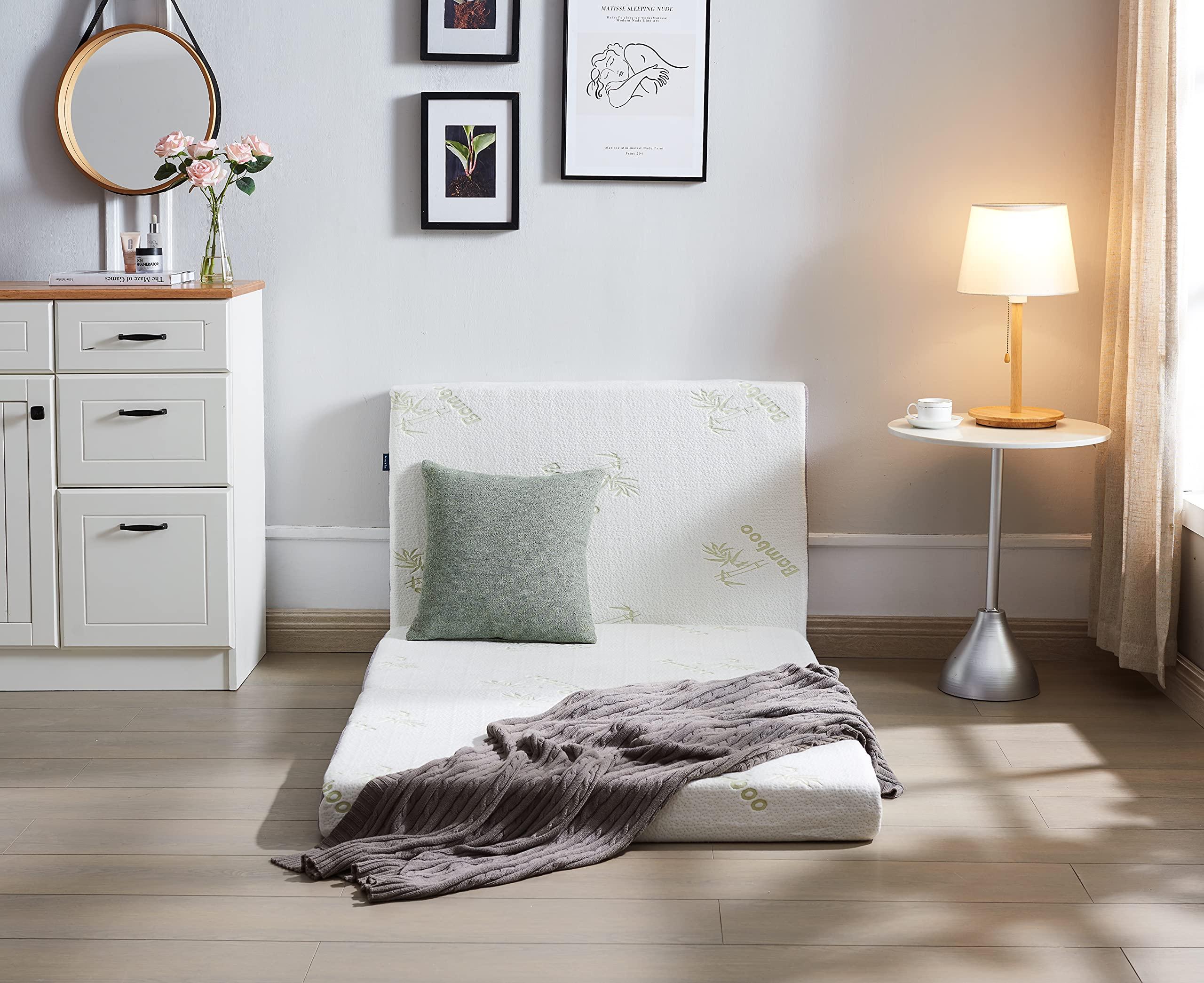 RXRRXY RXRRXY Tri-Folding Mattress, Mattress Topper with Memory Foam, Breathable Mesh Sides, Non-slip Bottom & Soft Washable Bamboo Cover, 4 Inch Mattress for Camping, Play Mat, Guest Beds, Dorm Room (Queen)