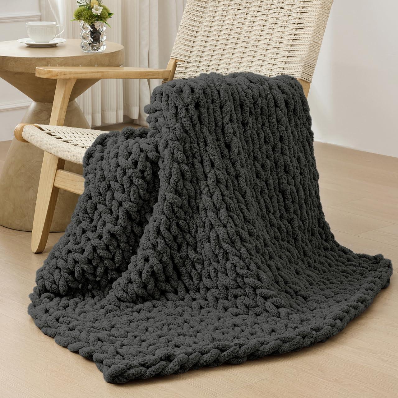 Bigacogo Bigacogo Chunky Knit Throw Blanket for Couch, 40x40 inches, 100% Hand Knitted with Thick Jumbo Chenille Yarn, Cozy Soft Large Rope Knot Cable Crochet Blankets for Sofa Bed Living Room, Dark Grey