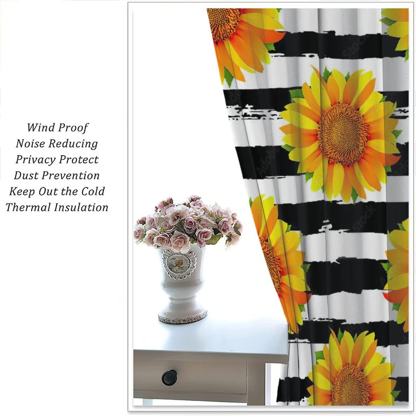 gaoyaqing Sunflower Black and White Striped Curtains, Sunflower Art Curtains on Black Edge Stripes, Sunflower Room Bedroom Blackout Insulation Curtains 2 Panels 42x54in