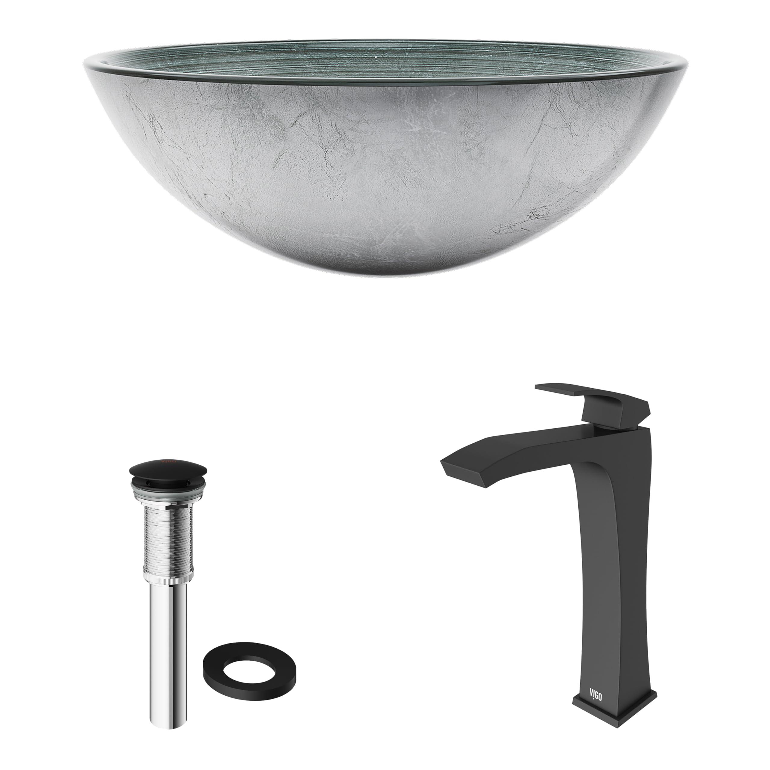 VIGO VIGO 17\" L -17\" W -12\" H Giovanni Glass Round Vessel Sink Set in Silver with Faucet and Drain -VGT609