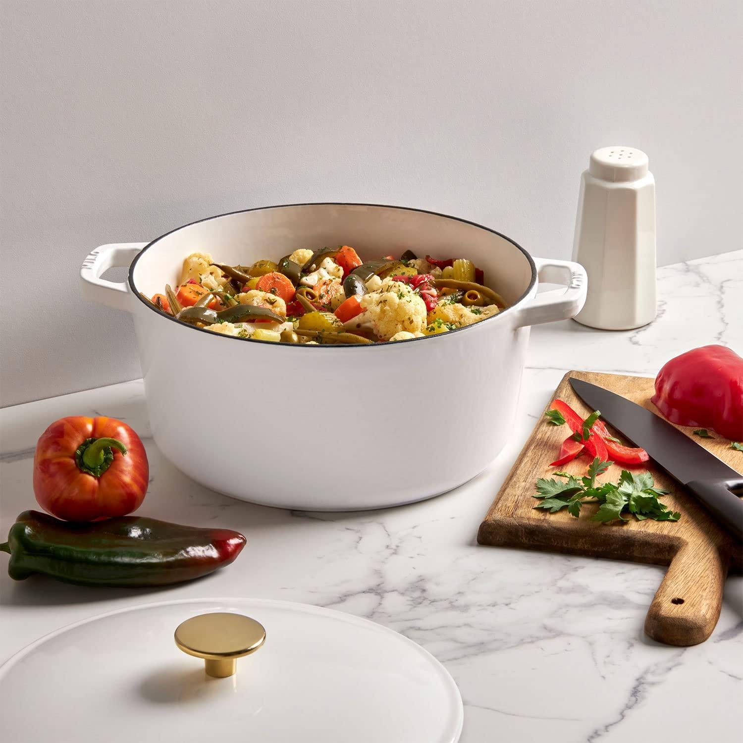 Kana Lifestyle Milo by Kana 5.5-quart Enameled Cast Iron Dutch Oven with Lid | Premium Casserole Cooking Pot | Enamel Coating Inside and Out | Oven Safe and Dishwasher Friendly (White with Gold Knob)