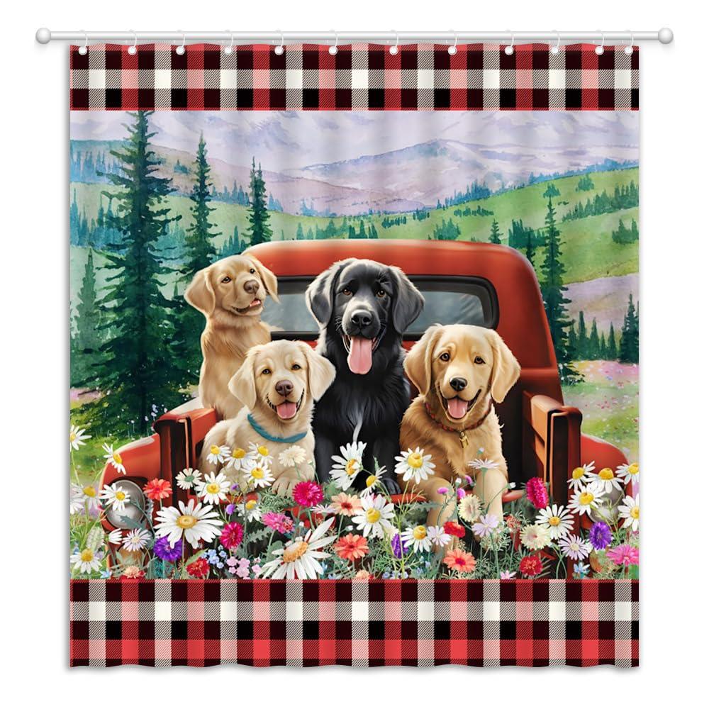JEJOMEAG JEJOMEAG Dog Shower Curtain Cute Farmhouse Animals Retro Red Truck Rustic Daisy Floral Spring Country Fabric Bathroom Curtain with Hooks, 67x70 Inch