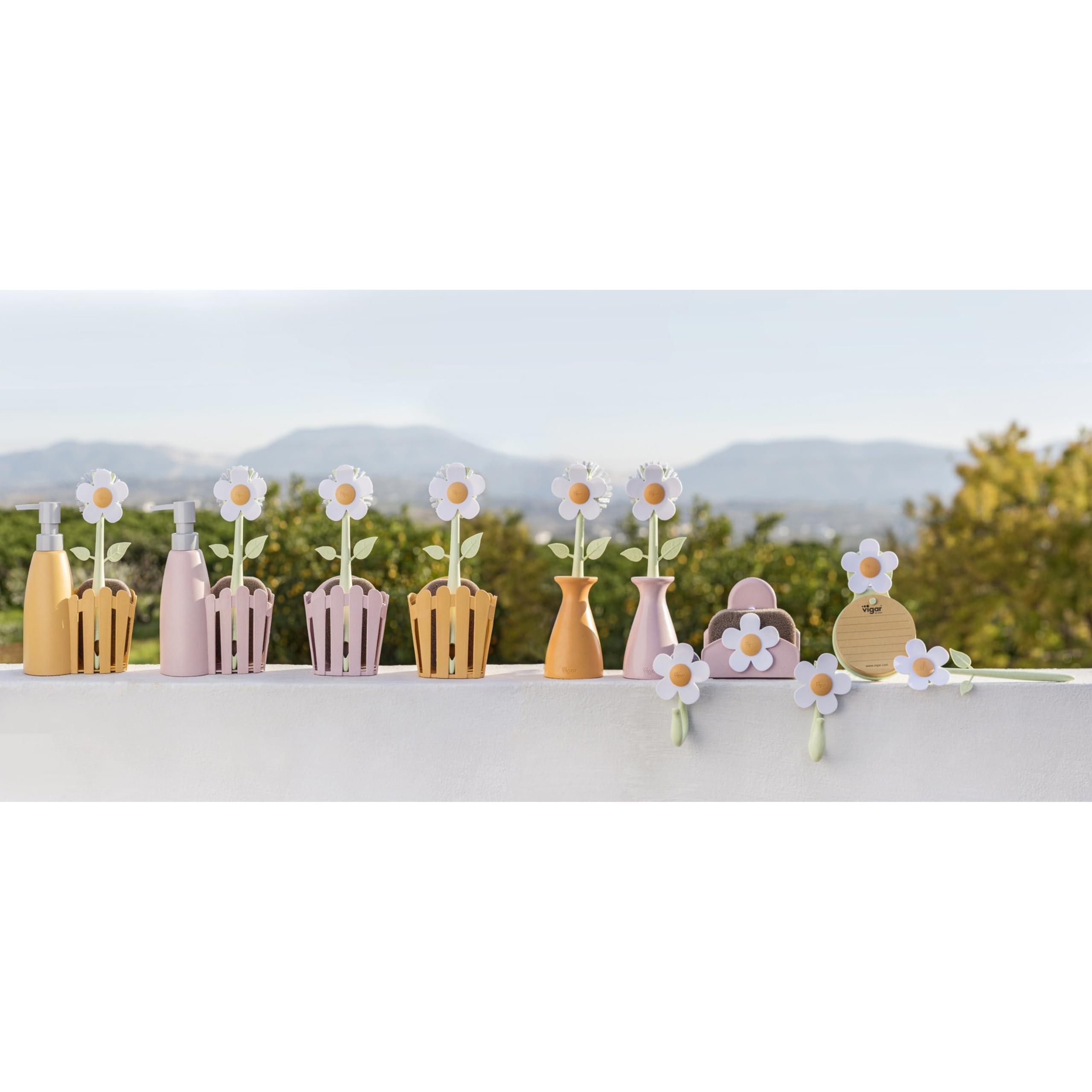 Vigar Vigar Florganic Daisy-Shaped Dish Brush with Vase Dish Brush Holder, Dish Brush with Handle, for Pot Scrubber, Kitchen Dishes, and Sink Cleaning, Orange