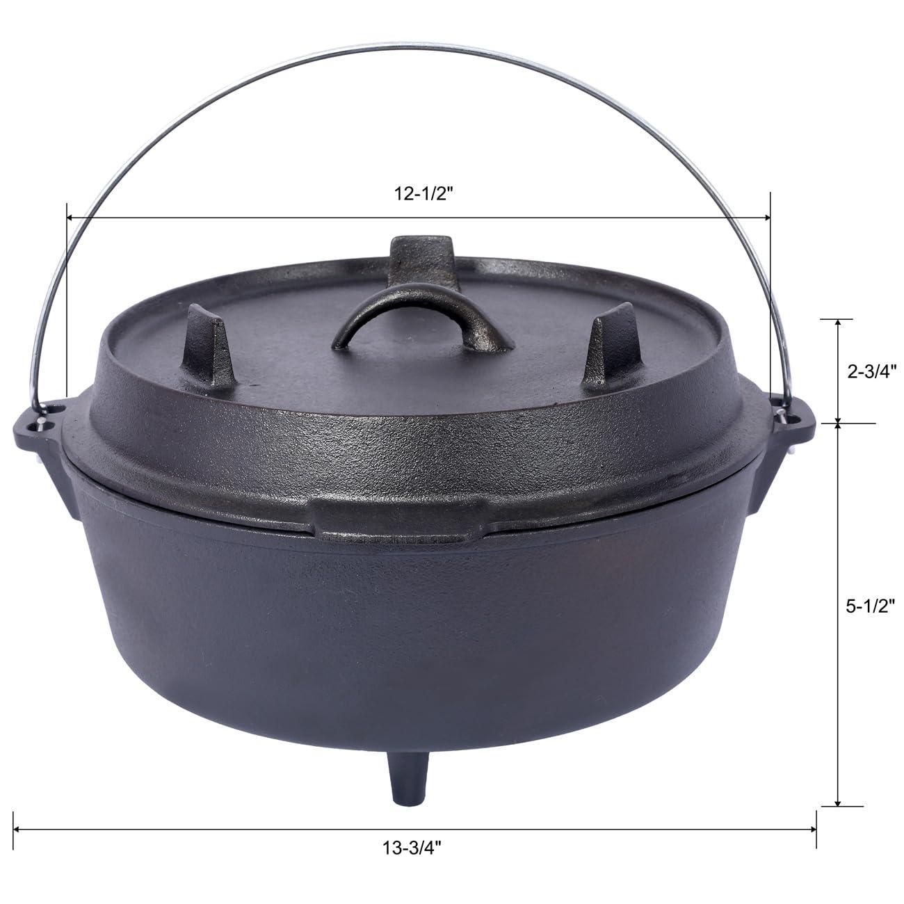 ZeHuoGe Camping Dutch Oven, Pre-Seasoned Camp Cookware Pot With Lid - Lid Lifter, Cast Iron Deep Pot with Metal Handle for Camping Cooking BBQ Baking Campfire, Black (6 QT)