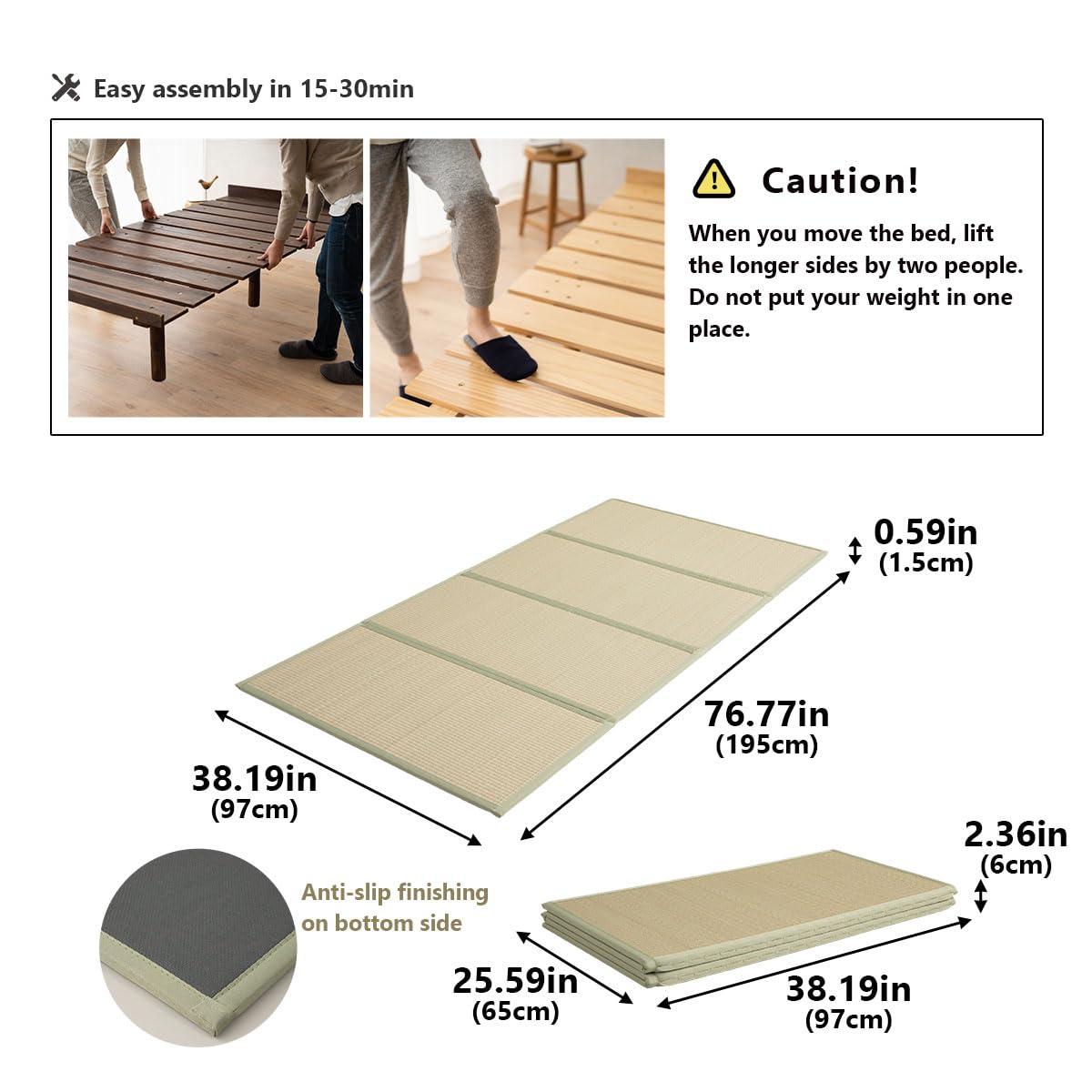 EMOOR EMOOR Wood Slatted & Tatami Floor Bed Frame OSMOS+Tatami Twin for Japanese Futon Mattress Solid Pine (Earth-Natural), Height Adjustable (2/7/12in) Tatami Mat
