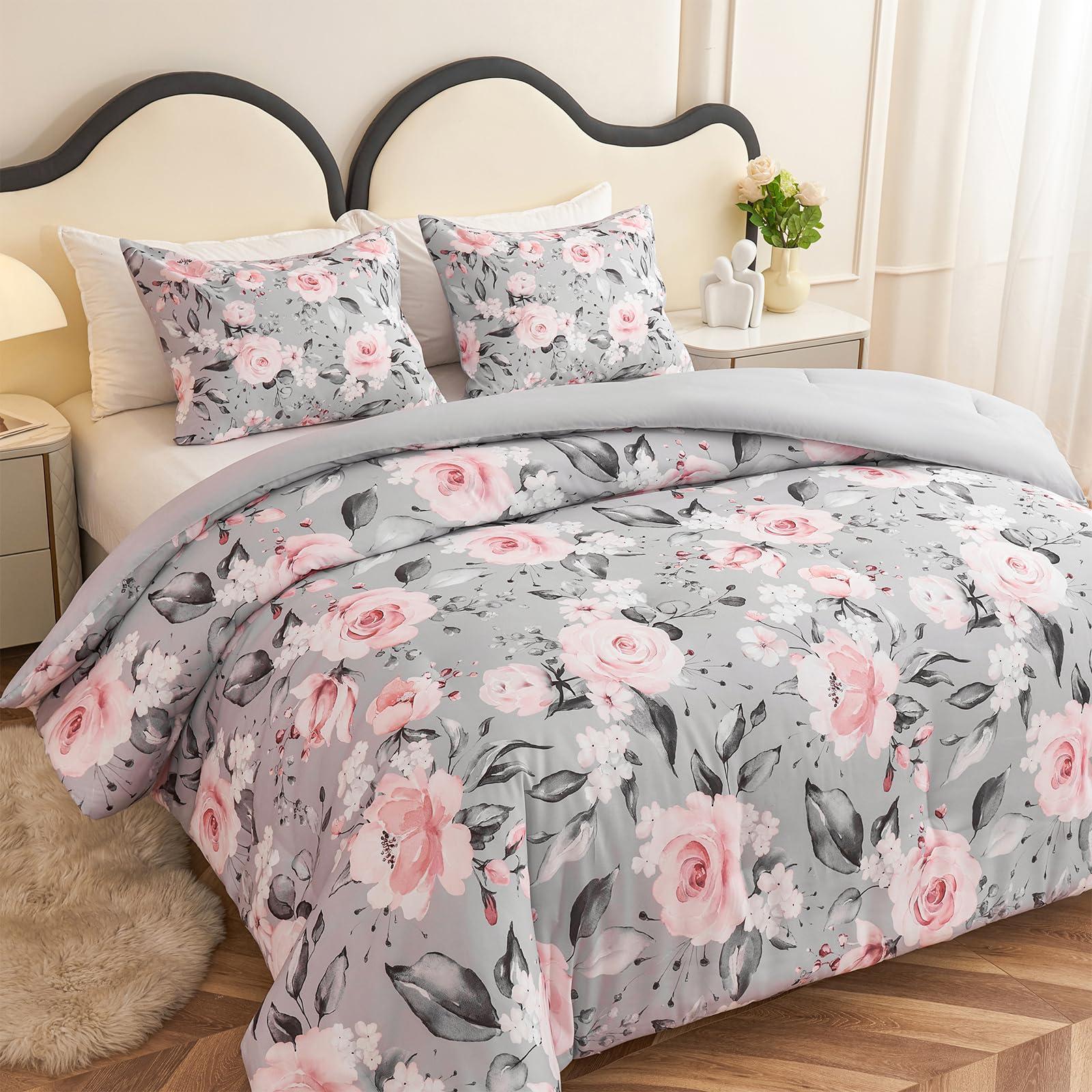 Koniroom Koniroom 3 Pieces Pink and Grey Comforter Set Queen Size, Floral Bedding Sets with Pink Flowers and Leaves Pattern for Women Teen Girls, Reversible All Season Comforter with 2 Pillow Shams