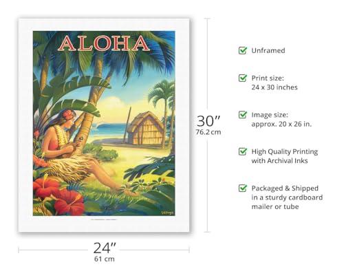 Pacifica Island Art Aloha - Hawaii - Hula Dancer with Ukulele - Vintage Hawaiian Travel Poster by Kerne Erickson - Fine Art Rolled Canvas Print 20in x 26in