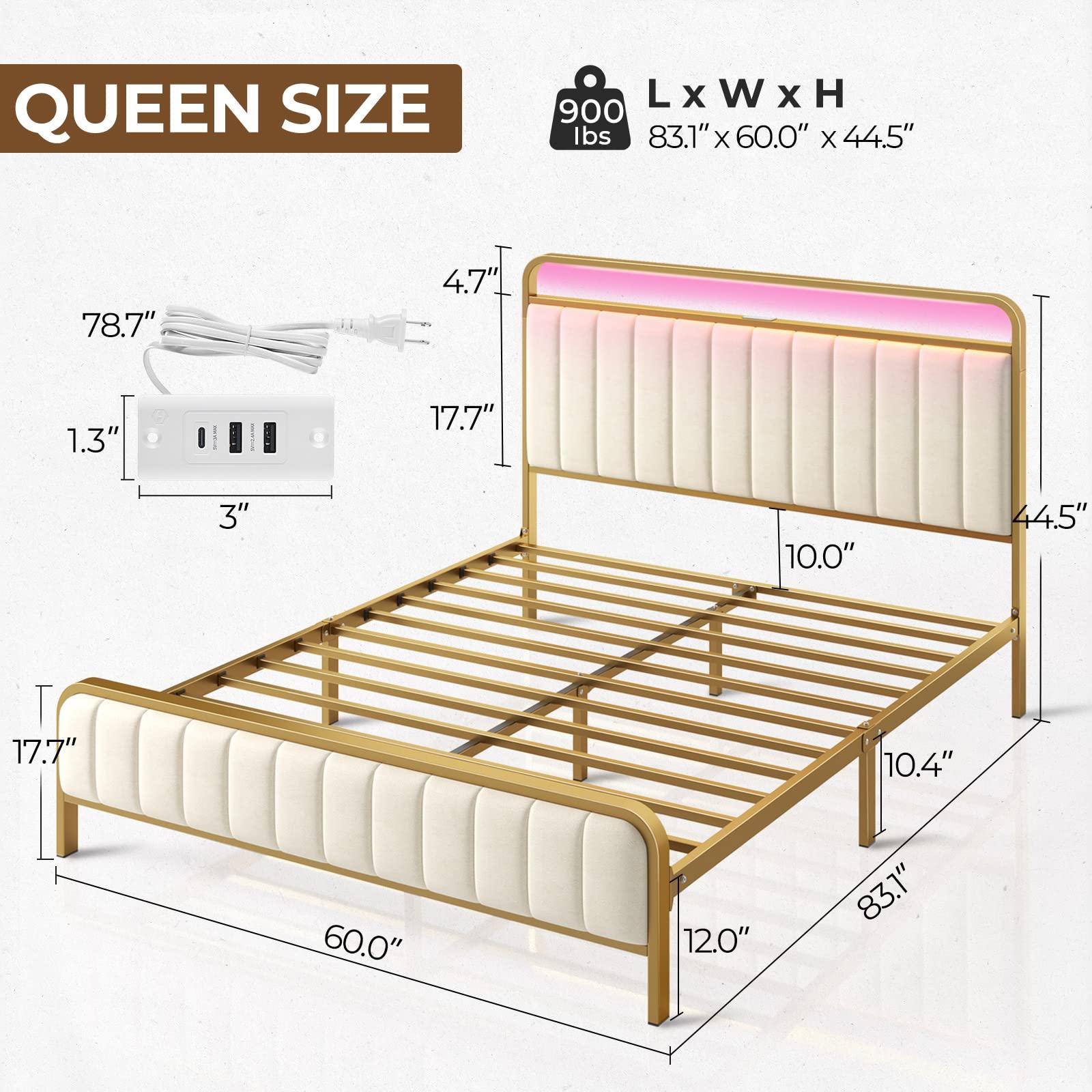 Rolanstar Rolanstar Queen Size Bed Frame with LED Light and Charging Station, Upholstered Headboard and Footboard, Metal Slat, Noise Free, Easy Assembly, Golden