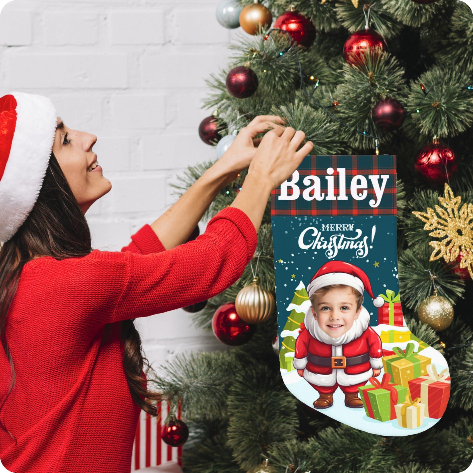 BUDAXCUST Personalized Christmas Stockings Custom Stocking with Name Picture Customized Xmas Stockings Personalized Buffalo Plaid Snowflake Stockings for Family Holiday Christmas Party Decor (Santa Claus)