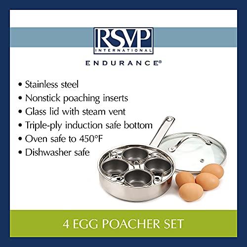 RSVP International RSVP International Endurance® Egg Poacher Set for 4 Eggs | Glass Lid with Steam Vent | Perfectly Poached Eggs | Includes Non-Stick Poaching Insert | Dishwasher Safe