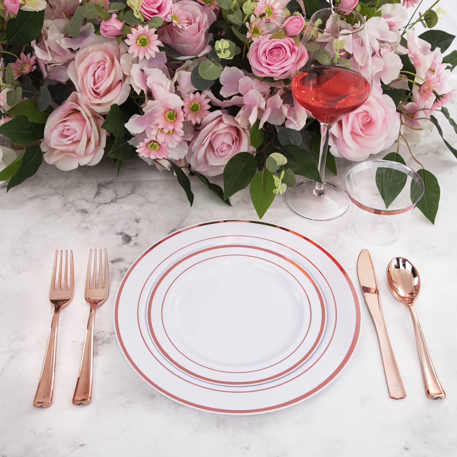 WELLIFE WELLIFE 350 Pieces Valentines Rose Gold Plastic Dinnerware, 50 Guests Disposable Plates with Rose Gold silverware and Cups, 50 Pre Rolled Napkins with Rose Gold Cutlery, Perfect for Wedding and Party