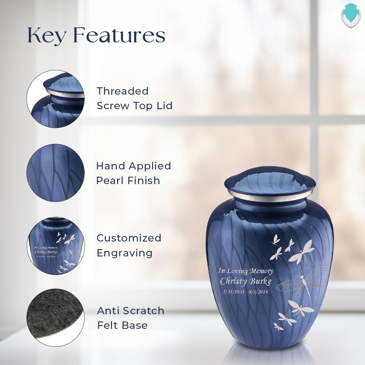 GetUrns Geturns Embrace Small Personalized Dragonfly Cremation Urns for Human Ashes I Pearl Cobalt Blue Funeral Urn for Women and Men I 44 lbs