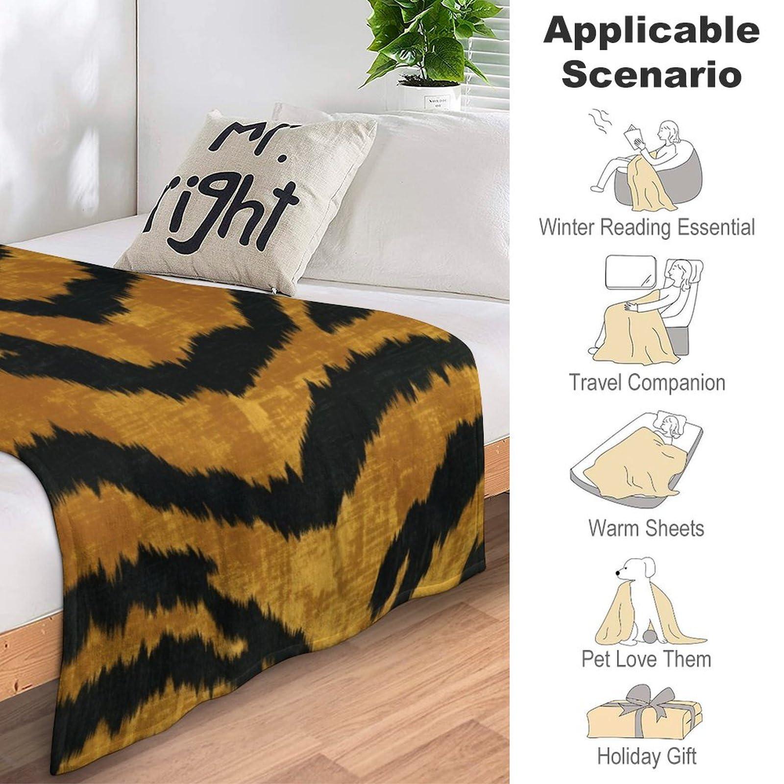 MangGou MangGou Brown Gold Black Tiger Print Bed Blankets Animal Print Tiger Stripes Fleece Blanket Chinoiserie Style Warm Throw Blanket for Bed Sofa for All Seasons 70x80in Winter Christams Gift