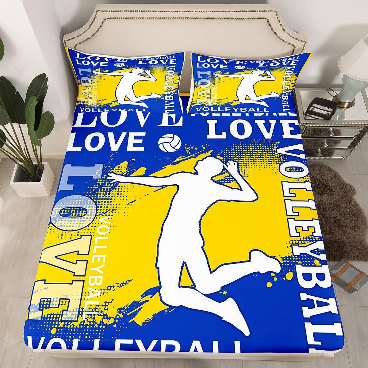 Homewish Volleyball Player Kids Sheet King Size,Sports Games Competition Lover Bedding Set,Girls Boys Adults Room Decor,Yellow Graffiti Fashion Blue Chic Bed Sheet Set 4pcs(Fitted + Flat + 2 Pillowcases)