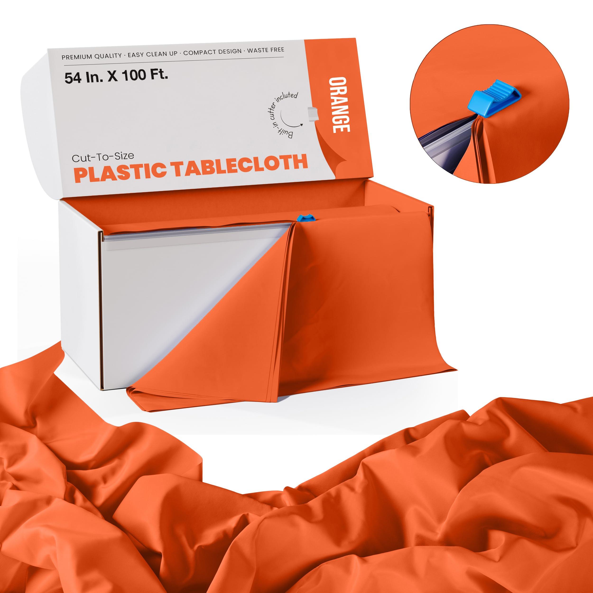 Exquisite Exquisite 54 Inch X 100 Feet Orange Plastic Table Cover Roll in A Cut - to - Size Box with Convenient Slide Cutter. Cuts Up to 12 Rectangle 8 Feet Plastic Disposable Tablecloths