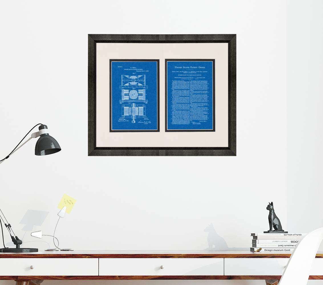 Frame a Patent Tesla Dynamo-Electric Motor Patent Art Blueprint Print in a Beveled Black Wood Frame with a Double Mat (20\" x 24\") M12416