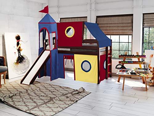 JACKPOT! JACKPOT! Castle Low Loft Bed with Slide, Red Yellow and Blue Tent and Tower, Twin, Cherry