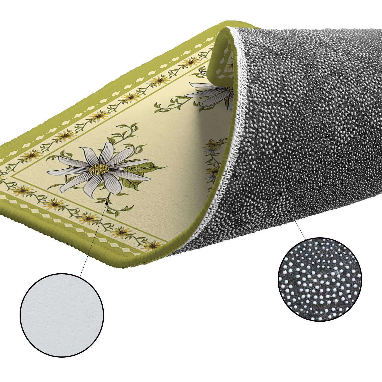 BOBOWUNY Daisy Bee Kitchen Mats and Rugs Set of 2, Country Rustic Romantic Aesthetics Flower Washable Absorbent Kitchen Runner Rug Carpet Anti-Fatigue Comfort Mat for Bathroom Laundry 18x30+18x59