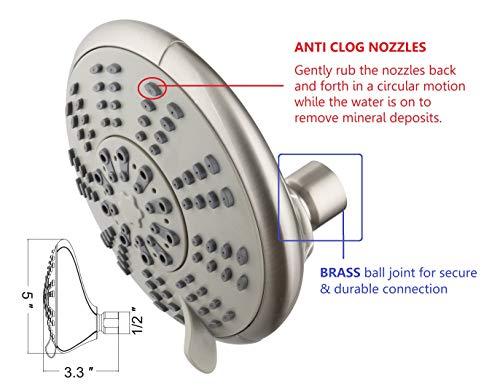 Ana Bath Ana Bath 5-Inch Anti-Clog High Pressure LARGE Dual Shower Head with Handheld Spray - 5 Unique Spray Modes/BRASS CONNECTOR/5 Ft Stainless Steel Hose/Spot Resist Brushed Nickel