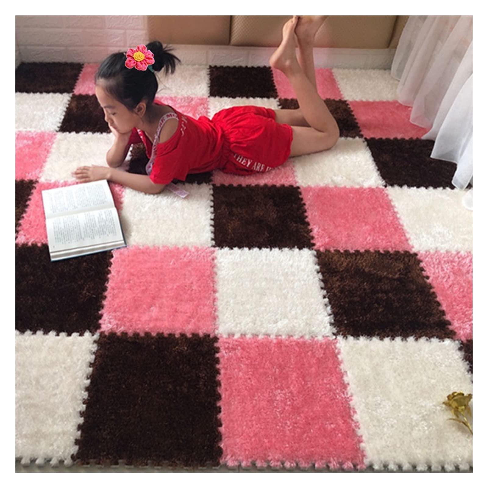 LOWLIU Family Carpet Stitched Carpet Foam Mats Fluffy Carpet Tiles Plush Area Rug Interlocking Floor Tiles Playmat Puzzle Floor Mat 10pcs Living Room Carpet (Color : 10 pcs Pink, Size : 30 x 30cm)
