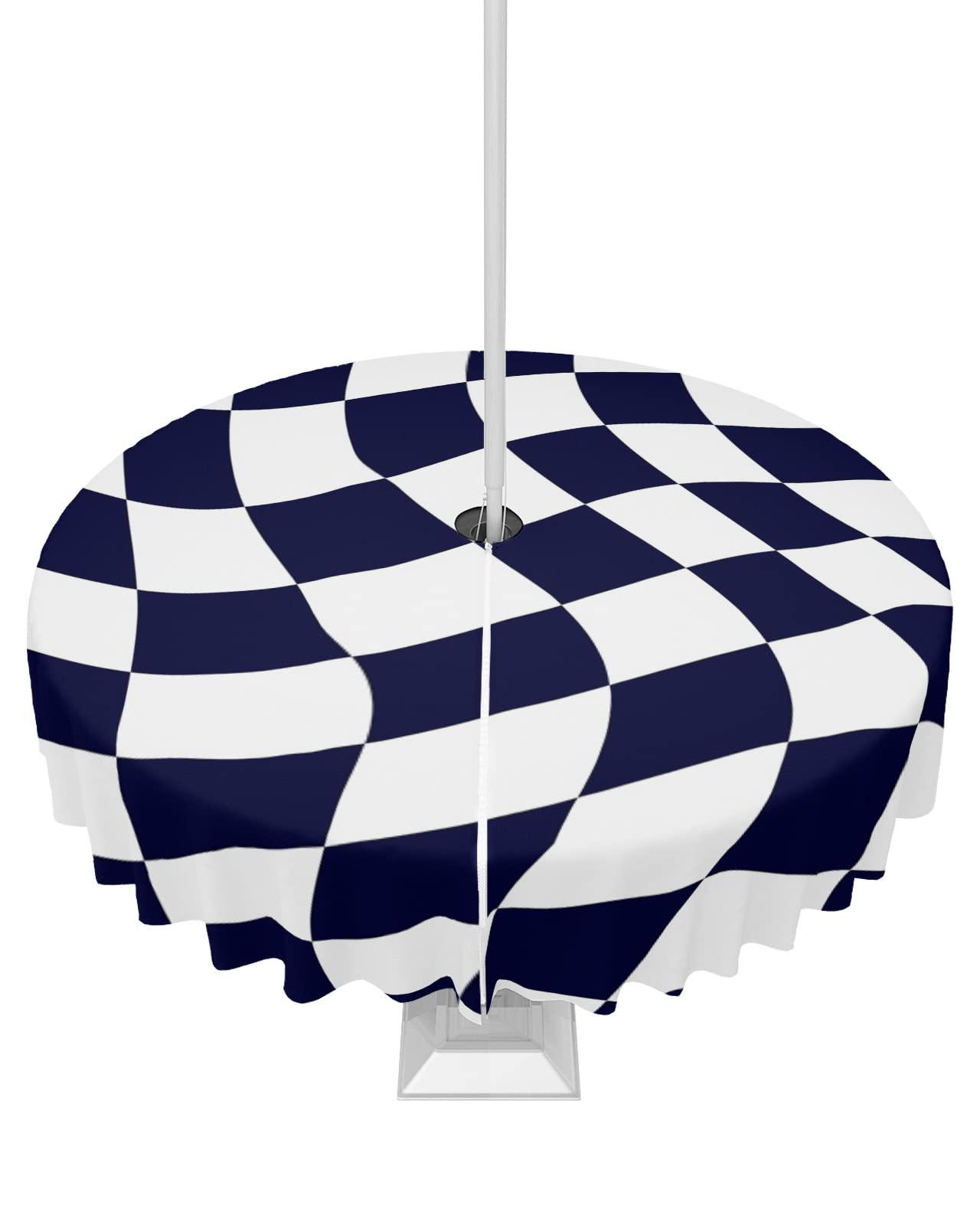 Boanket Boanket Outdoor Tablecloth with Umbrella Hole for Patio/Picnic/Party/Camping, Navy Blue White Checkered Waterproof Table Cloth Round Cover Washable, Modern Irregular Geometric (Dia 60\")