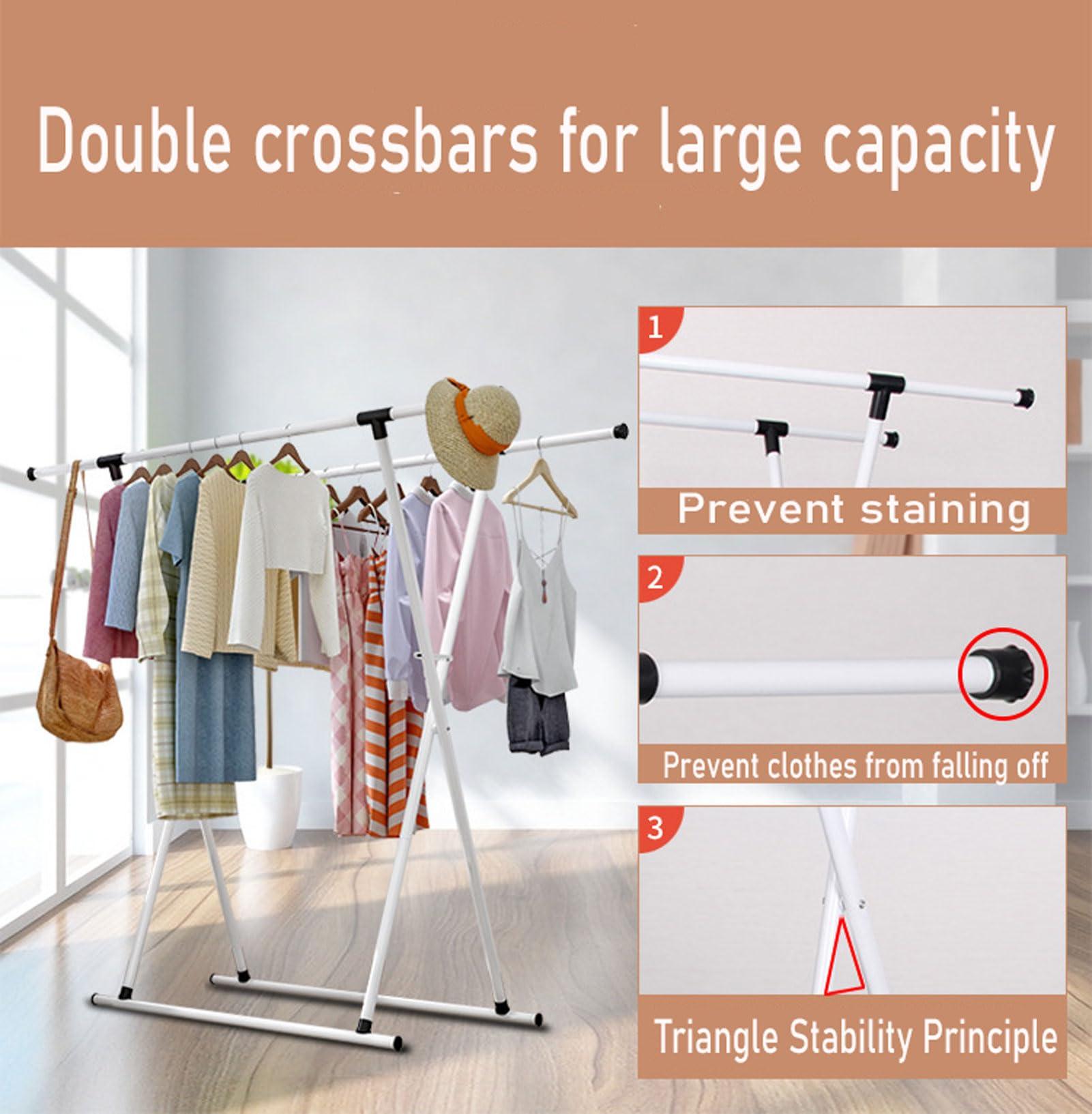RUANLOV RUANLOV Clothes Drying Rack, Telescopic Clothes Drying Pole, Floor-Standing Removable Indoor Double-Pole Clothes Hanger, Stainless Steel Heavy Duty Clothes Hanger (78)