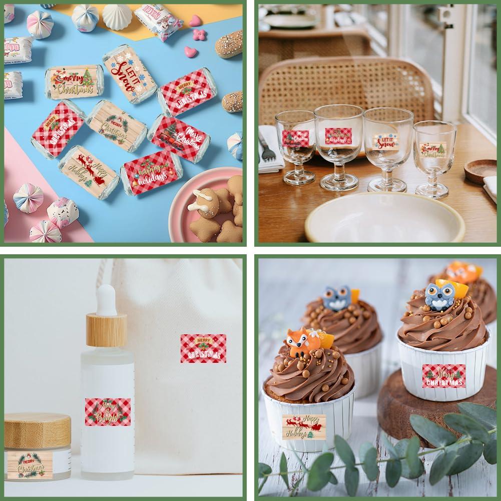 arricraft arricraft 120 Pcs Merry Christmas Mini Candy Bar Wrappers, Red Plaid Elk Xmas Tree Chocolate Bar Label Stickers Self Adhesive Stickers for Christmas Winter Holiday Party Favors(No Candy)