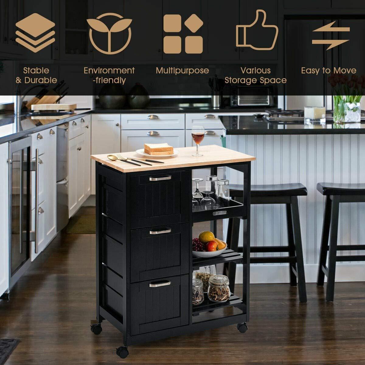 LHONE LHONE Rolling Kitchen Island Cart 3-Tier Industrial Wood Trolley Serving Cart Storage Cabinet Utility Cart on Wheels & Three Storage Drawers (Black)