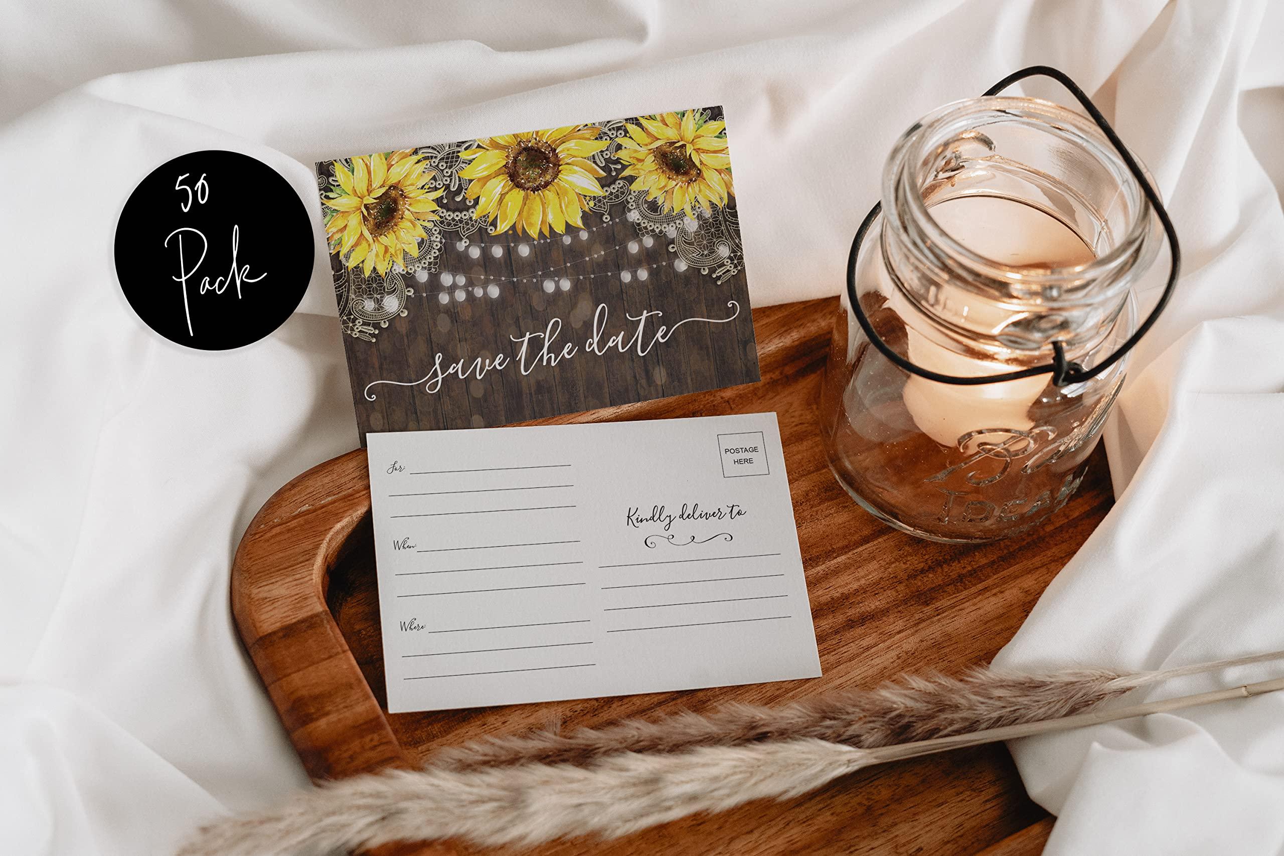 Your Main Event Prints Your Main Event Prints 50 Sunflower Save The Date Cards for Wedding, Engagement, Anniversary, Baby Shower, Birthday Party - Wood Save The Dates Postcard Invitations - 4x6, No Envelopes Needed
