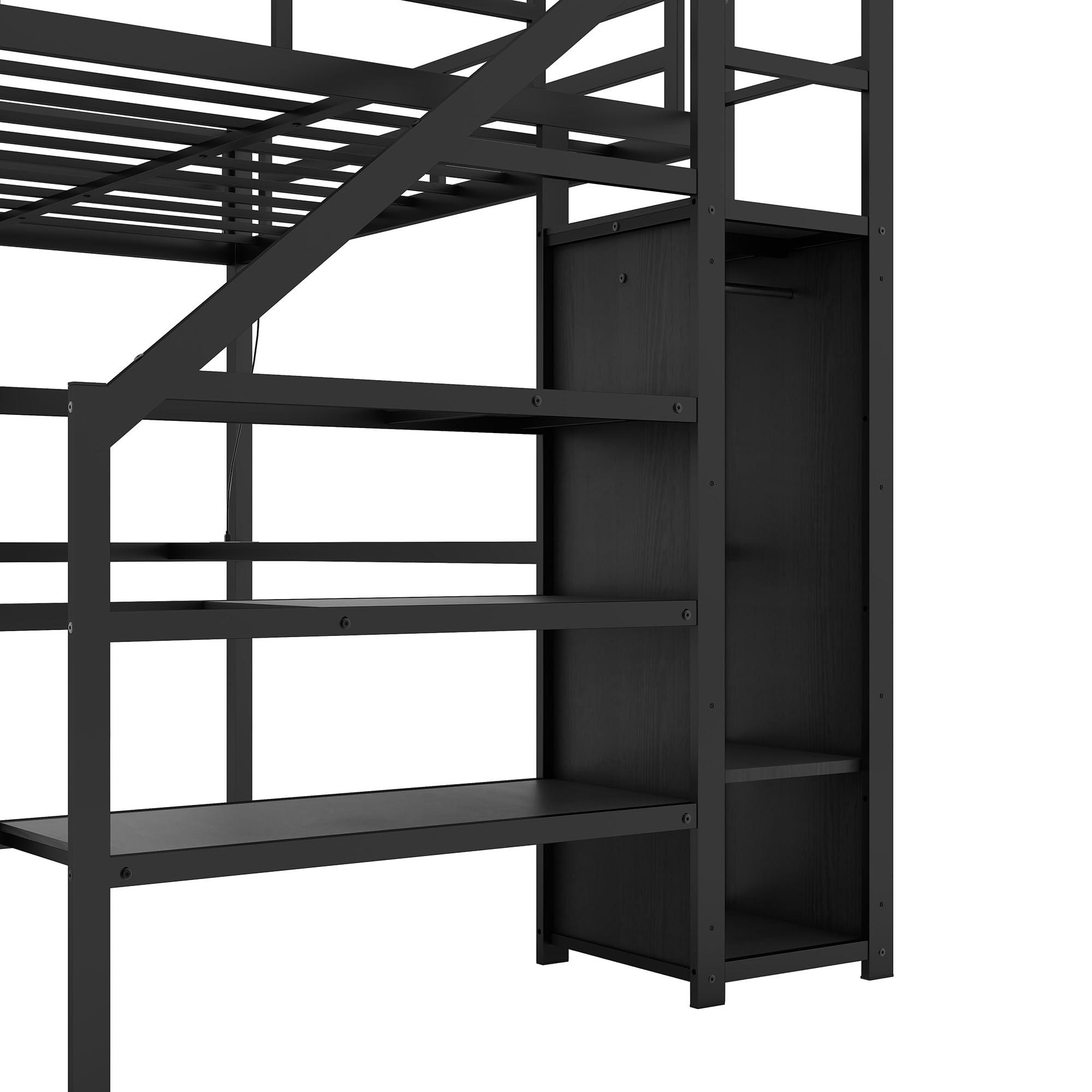 Linique Linique Full Size Gaming Loft Bed with L-Shaped Desk, LED and Charging Station, Metal Loft Bed with Wardrobe and Adjustable Shelf for Kids Teens Adults, Black