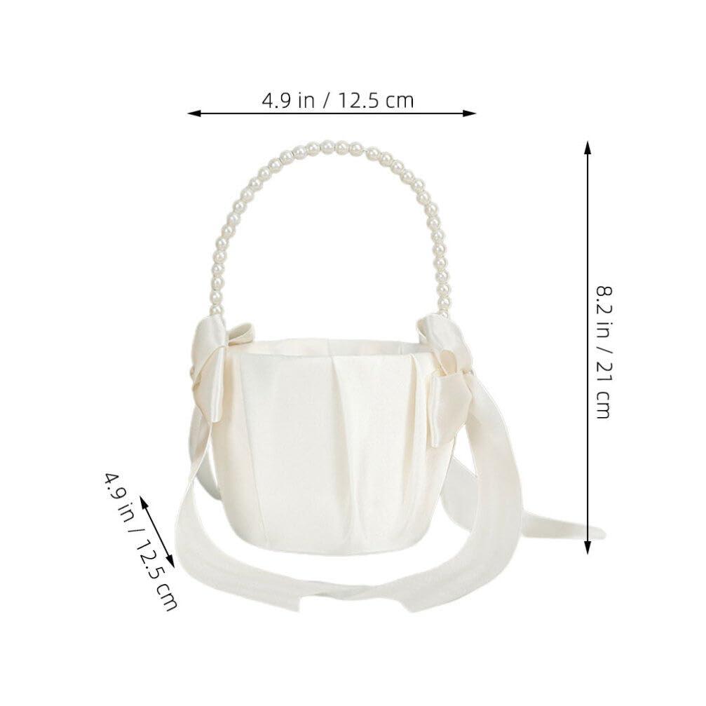 HOLIDYOYO HOLIDYOYO Wedding Flower Girl Baskets with Pearl Handle Bowknot Satin Flower Baskets Flower Pedal Basket for Wedding Ceremony Party