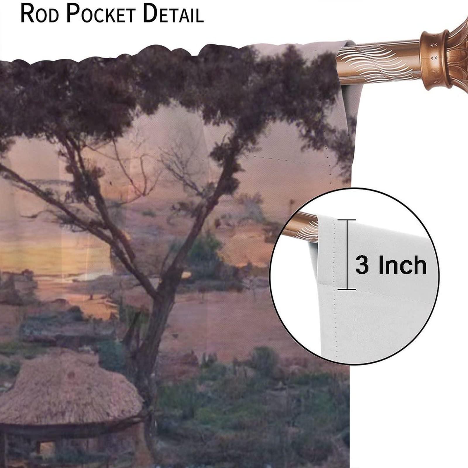 gaoyaqing Asian Landscape Curtain, Traditional Chinese Painting Sunset Landscape Cherry Tree Cloud Mountain, Room Pole Pocket Decoration 2 Panels, Seal Brown 42x63in