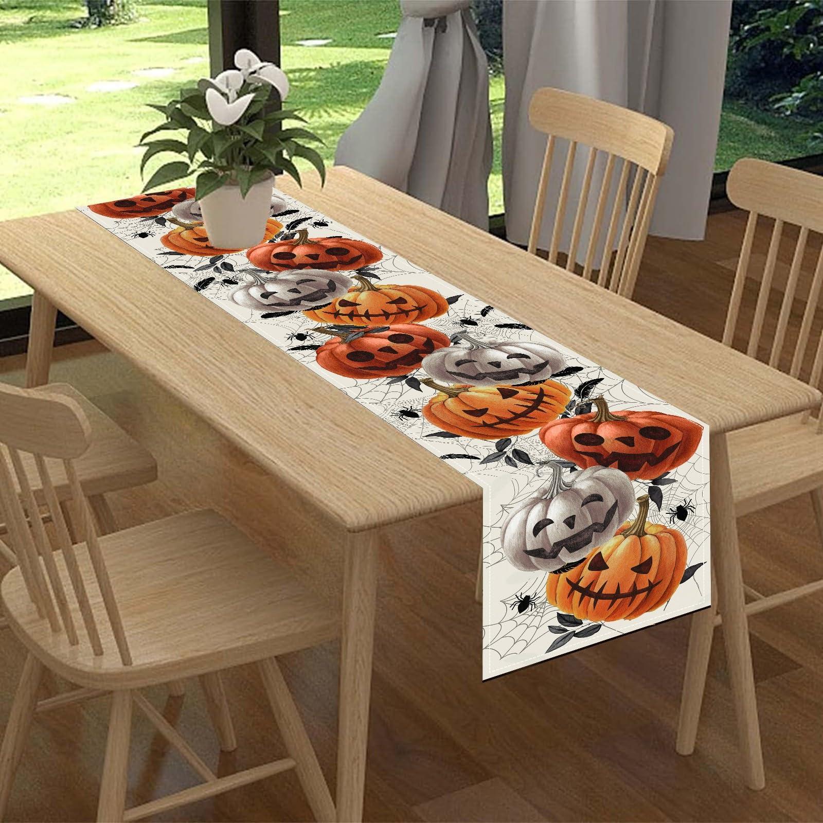 Drapeloft Halloween Table Runner,Pumpkin Spider Web Funny Holiday Kitchen Table Decorations,Fall Halloween Gothic Skull Dining Room Patio Indoor Outdoor Decorations,13 x 90 Inches