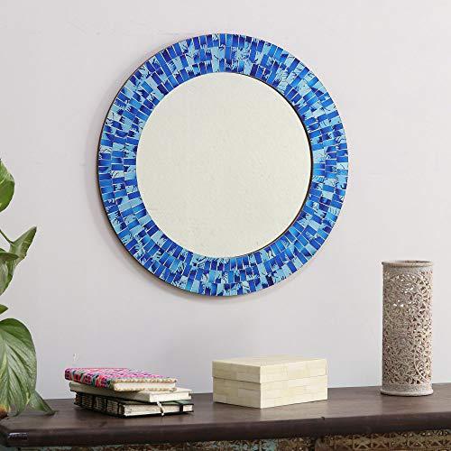 NOVICA NOVICA Blue Glass Mosaic Wood Framed Round Decorative Wall Mounted Mirror, Tropical Fusion' (Large)