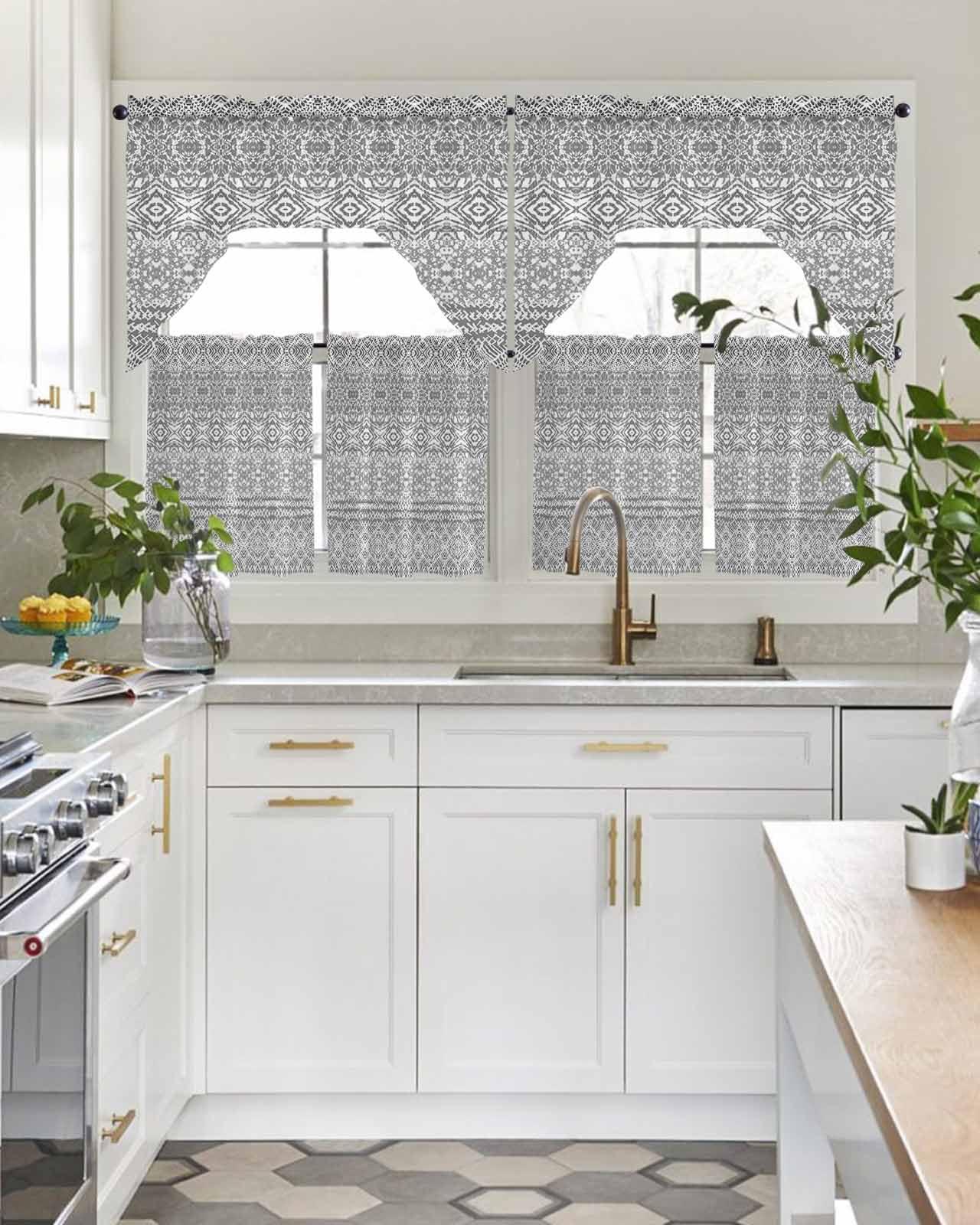 Onekaccu Gray Boho Swag Curtains Valance and Tier Set,Rod Pocket Curtain Drapes for Bathroom Over Sink Kitchen Curtains 3 Piece Set Gradient Batik Aesthetics Bohemian Tie Dyeing Mandala Swag Valances 24\" Tiers