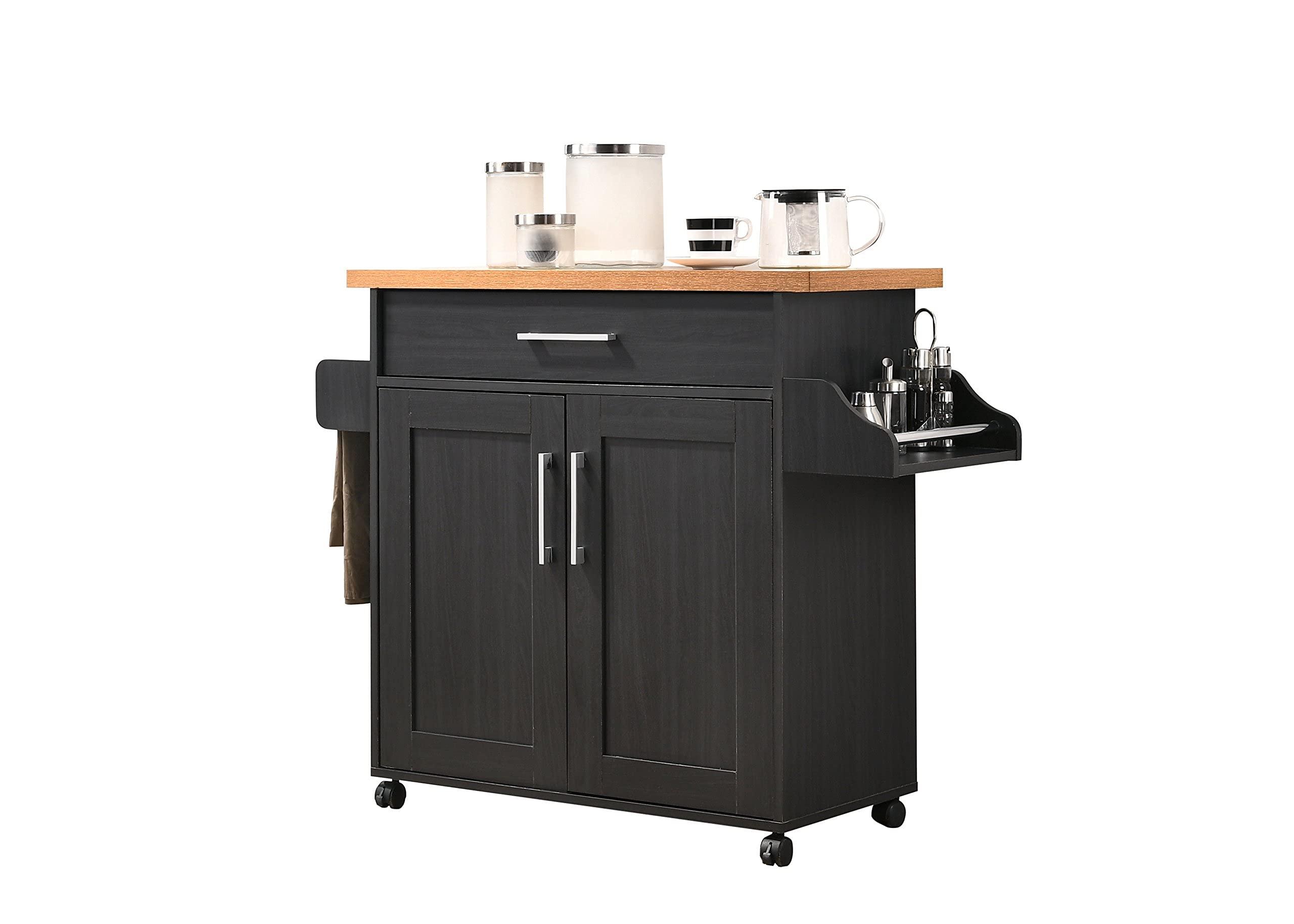 Hodedah Hodedah Kitchen Island with Spice Rack, Towel Rack & Drawer, Black with Beech Top