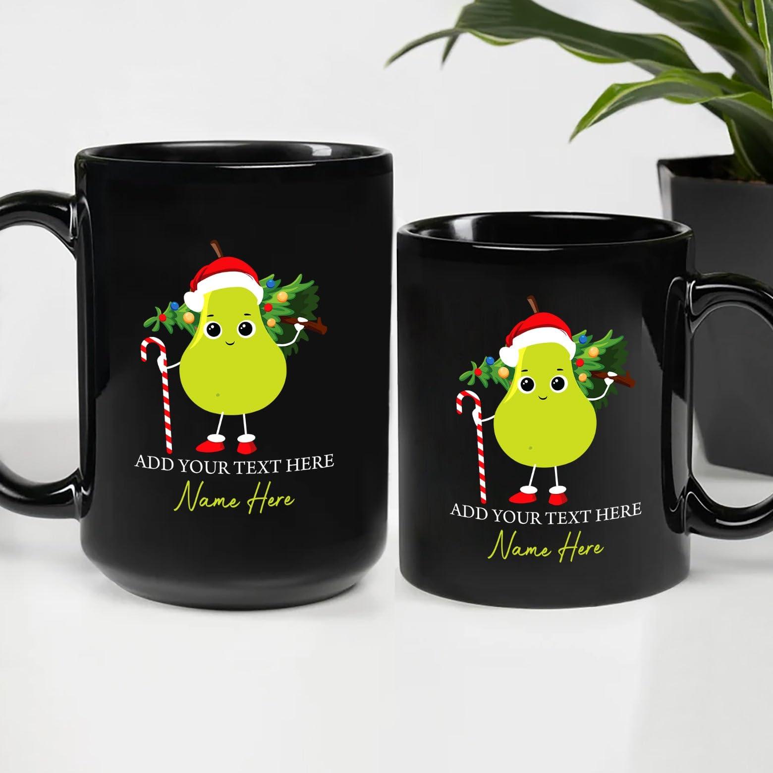 Yanria Custom Christmas Mug, Pear Santa Coffee Mug, Cute Pear Christmas Tree Cup, Personalized Merry Xmas Ceramic Mug Gifts For Pear Fruit Lovers, Customized Pear Mug With Name, Black Cup 11oz 15oz