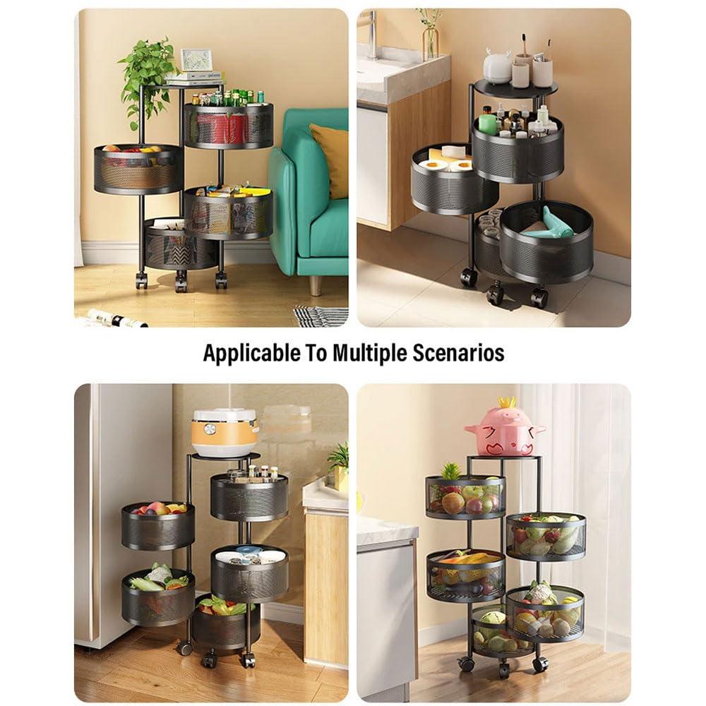 Johofiow Johofiow 5 Tier Vegetable Basket Large Storage Rack with Wheels, Rotating Metal Kitchen Storage Basket Rolling Cart with Metal Top Lid, Wire Basket Organizer for Potato Onion Bread Banana